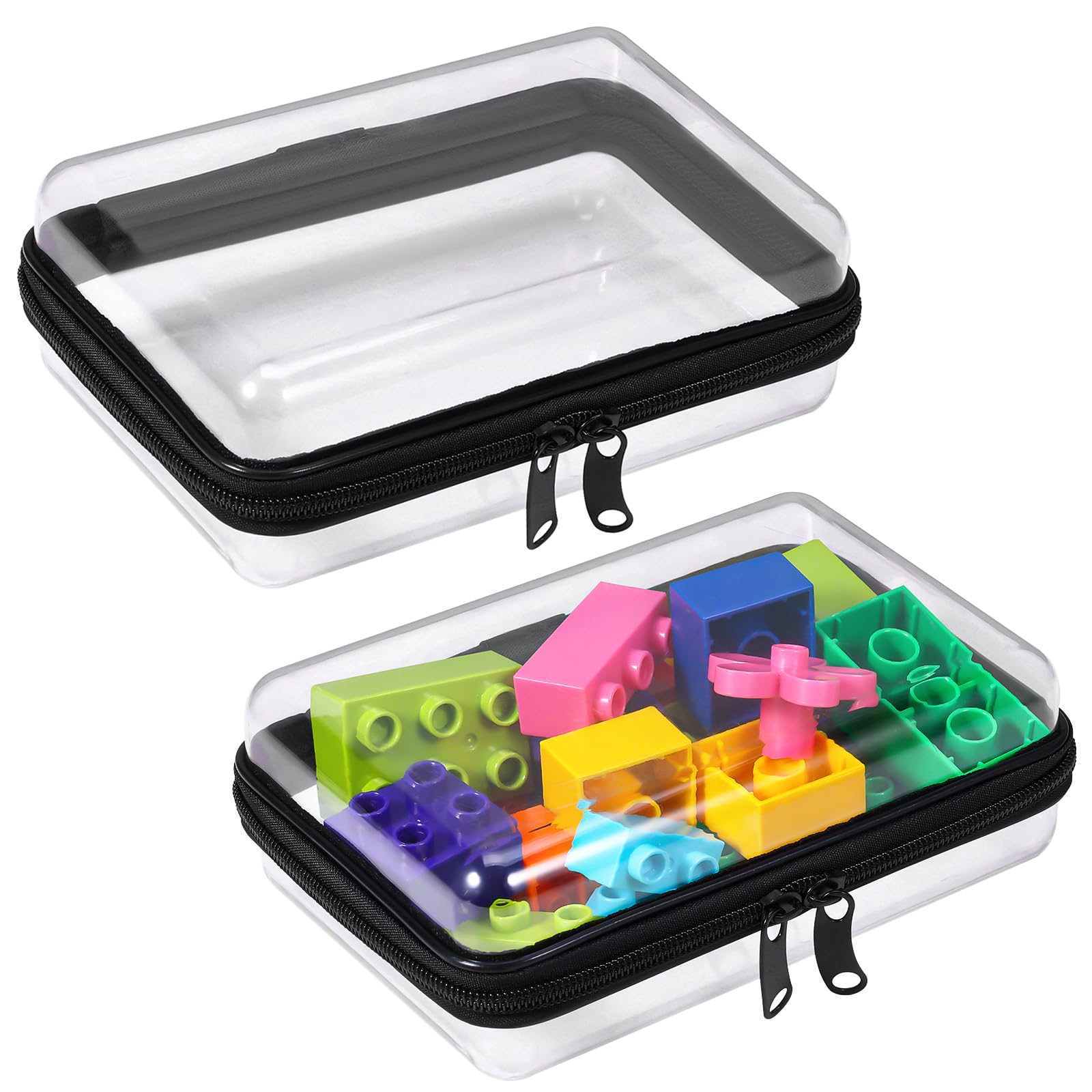 2 Pack Zippered Hard Pouch, Clear Plastic Storage Box Containers Small Toiletry Bag, Clear Hard Shell Zipper Case for Small Items, Toys, Building Blocks, Puzzles, Cosmetics, Stationery Accessories