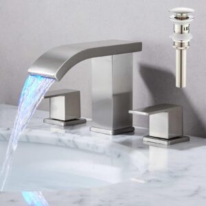 skybathjoy led light waterfall bathroom faucet 3 hole, brushed nickel 8 inch widespread bathroom faucets & parts, modern 3 piece bathroom sink faucet, touch on faucet for bathroom vanity