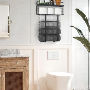 Towel Racks for Bathroom Wall Mounted - Bath Wall Towel Storage Holder Set Above Toilet, Rolled Towel Shelf Organizer for Small Bathroom Black, Wood Vertical Towel Rack for Bathroom Wall Decor