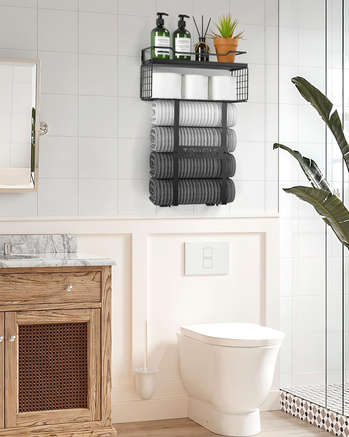 Towel Racks for Bathroom Wall Mounted - Bath Wall Towel Storage Holder Set Above Toilet, Rolled Towel Shelf Organizer for Small Bathroom Black, Wood Vertical Towel Rack for Bathroom Wall Decor