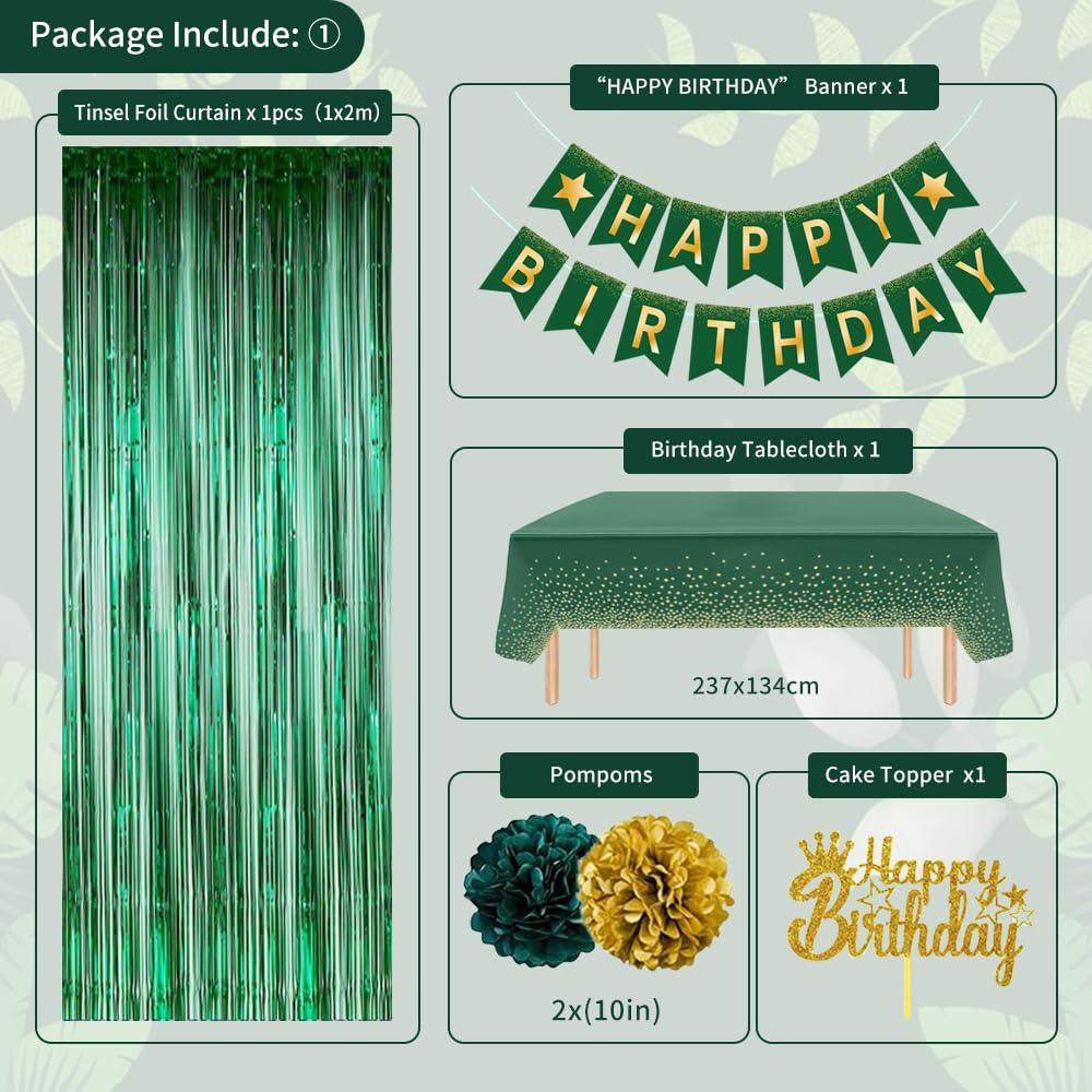 Green Birthday Decorations, Emerald Green and Gold Balloons Party Decorations Happy Birthday Banner Emerald Green Fringe Curtain Birthday Tablecloth Paper Pom Poms for Women Men Birthday Decor