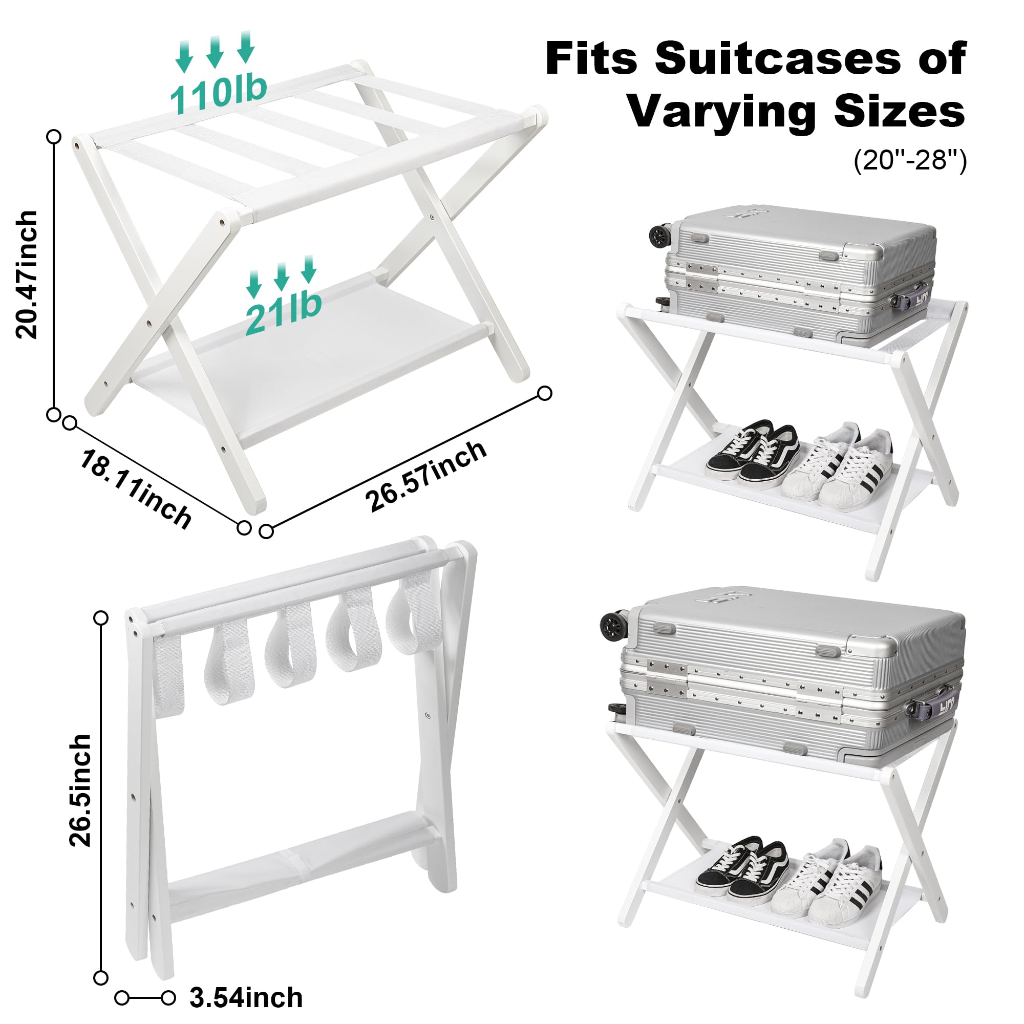 VASMIA Luggage Rack, Folding Suitcase Stand with Storage Shelf,Bamboo Luggage Stand for Guest Room,Bedroon and Hotel,Holds up to 131 lb,Fit Most Luggage Size,White