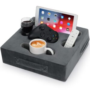 stboo couch cup holder pillow - sofa drink cup holder cozy buddy | bed caddy organizer holds remote, snacks, phones, tablet | waterproof anti-spill sofa beverage tray for car, beach, rv, boat (grey)