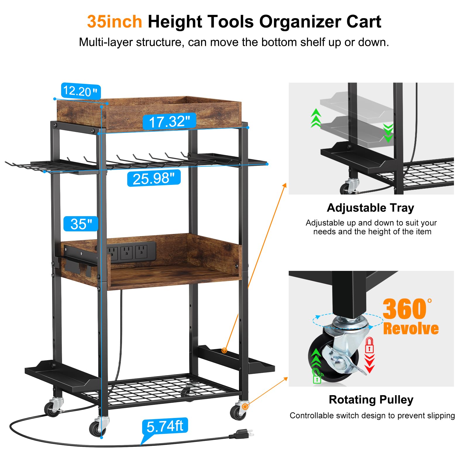 Utility Tool Storage on Wheel-Rolling Cart Organizer Power Tool Storage with Charging Station Garage Tool Box Holder Heavy Duty Tool Organization-Cart Drill Set Batteries Hanging Stand for Men Gift