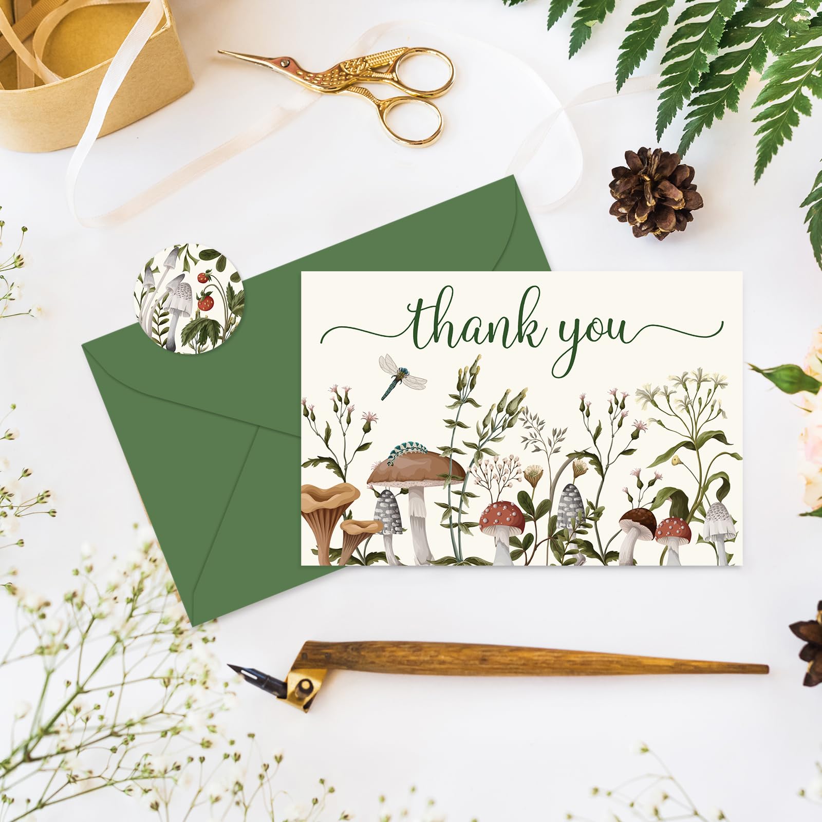 Whaline 36 Pack Vintage Mushroom Thank You Cards 6 Designs Plants Greeting Cards with Envelopes Stickers Retro Blank Note Cards for Party Invitation Supplies, 4 x 6 Inch