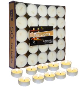 50 packs tea light candles, 4.5 hours burning time, unscented & smokeless mini votive candles, soft light tealight, small tea candle for spa relax romantic decor, white