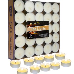 50 Packs Tea Light Candles, 4.5 Hours Burning Time, Unscented & Smokeless Mini Votive Candles, Soft Light Tealight, Small Tea Candle for SPA Relax Romantic Decor, White