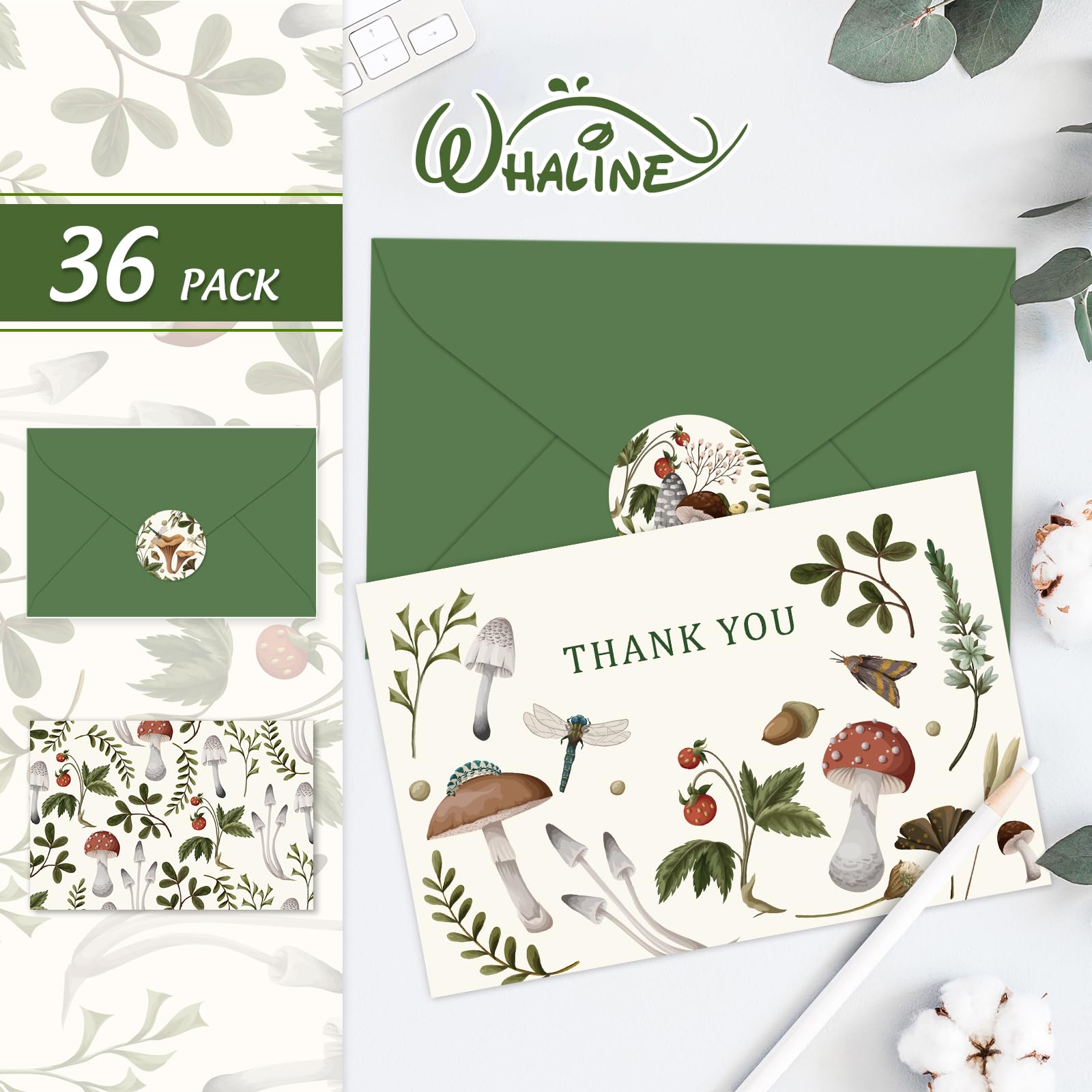 Whaline 36 Pack Vintage Mushroom Thank You Cards 6 Designs Plants Greeting Cards with Envelopes Stickers Retro Blank Note Cards for Party Invitation Supplies, 4 x 6 Inch