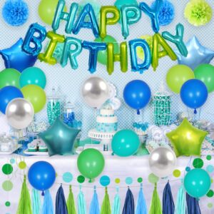 Blue and Green Birthday Decorations with Teal Blue Happy Birthday Banner, Mermaid Ocean Bubble Circle Dot Garland, Tissue Flowers, Tassels Garland, Balloons for Girls Boys Women Men Birthday Supplies