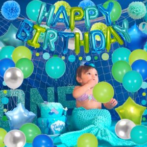 Blue and Green Birthday Decorations with Teal Blue Happy Birthday Banner, Mermaid Ocean Bubble Circle Dot Garland, Tissue Flowers, Tassels Garland, Balloons for Girls Boys Women Men Birthday Supplies