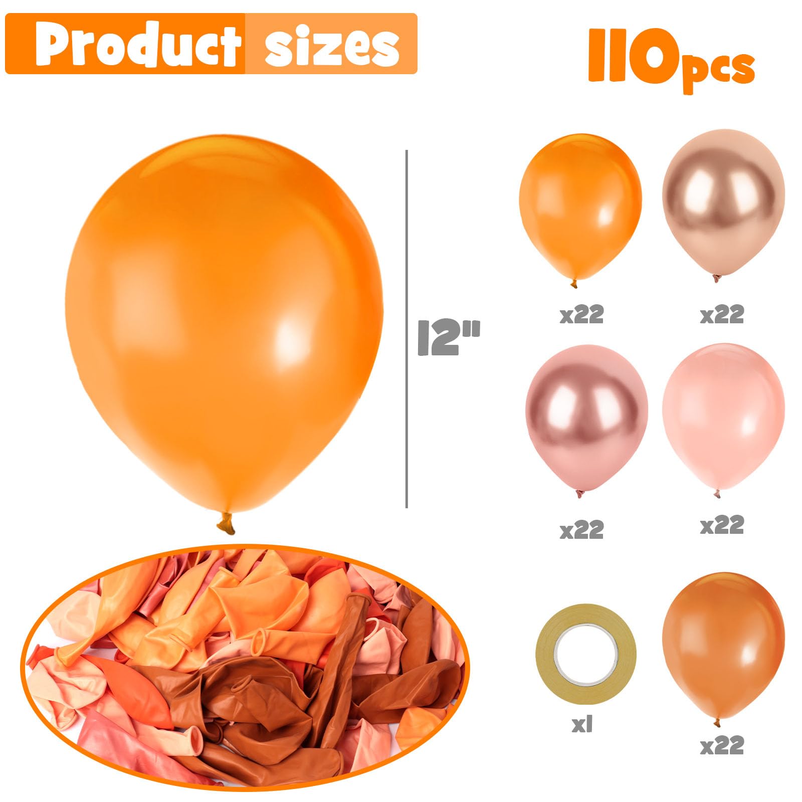 AMOR PRESENT 110PCS Orange Balloons, 12 Inches Dark Orange Latex Balloons for Birthday Wedding Baby Shower Bridal Shower Halloween Autumn Party Decoration