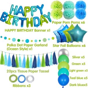 Blue and Green Birthday Decorations with Teal Blue Happy Birthday Banner, Mermaid Ocean Bubble Circle Dot Garland, Tissue Flowers, Tassels Garland, Balloons for Girls Boys Women Men Birthday Supplies