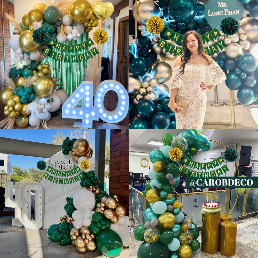 Green Birthday Decorations, Emerald Green and Gold Balloons Party Decorations Happy Birthday Banner Emerald Green Fringe Curtain Birthday Tablecloth Paper Pom Poms for Women Men Birthday Decor