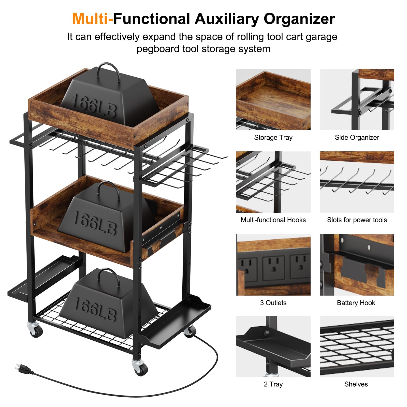 Utility Tool Storage on Wheel-Rolling Cart Organizer Power Tool Storage with Charging Station Garage Tool Box Holder Heavy Duty Tool Organization-Cart Drill Set Batteries Hanging Stand for Men Gift