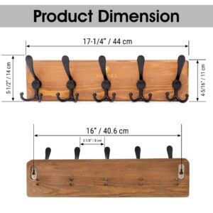 NOVANEX Rustic Wall Mounted Coat Rack: Solid Premium Pine Wood Plank Coat Hanger, 16 inches Hole to Hole, Heavy Duty Vintage Farmhouse Entryway Clothes Hanger with 5 Triple Hooks