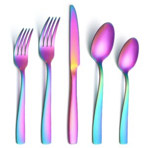 e-far 20-piece matte rainbow silverware set, stainless steel flatware set for 4, colorful cutlery set include forks spoons and knives for kitchen home restaurant, satin finish & square edge handle