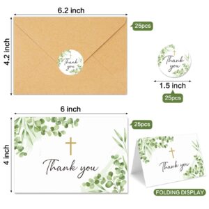 BYBOUS 25 Pack Thank You Cards with Envelope & Stickers, 4 * 6in Watercolor Greenery Cross Blank Inside Thank You Card for Bulk Baptism, Wedding, Bridal Shower, Baby Shower, Communion, Funeral