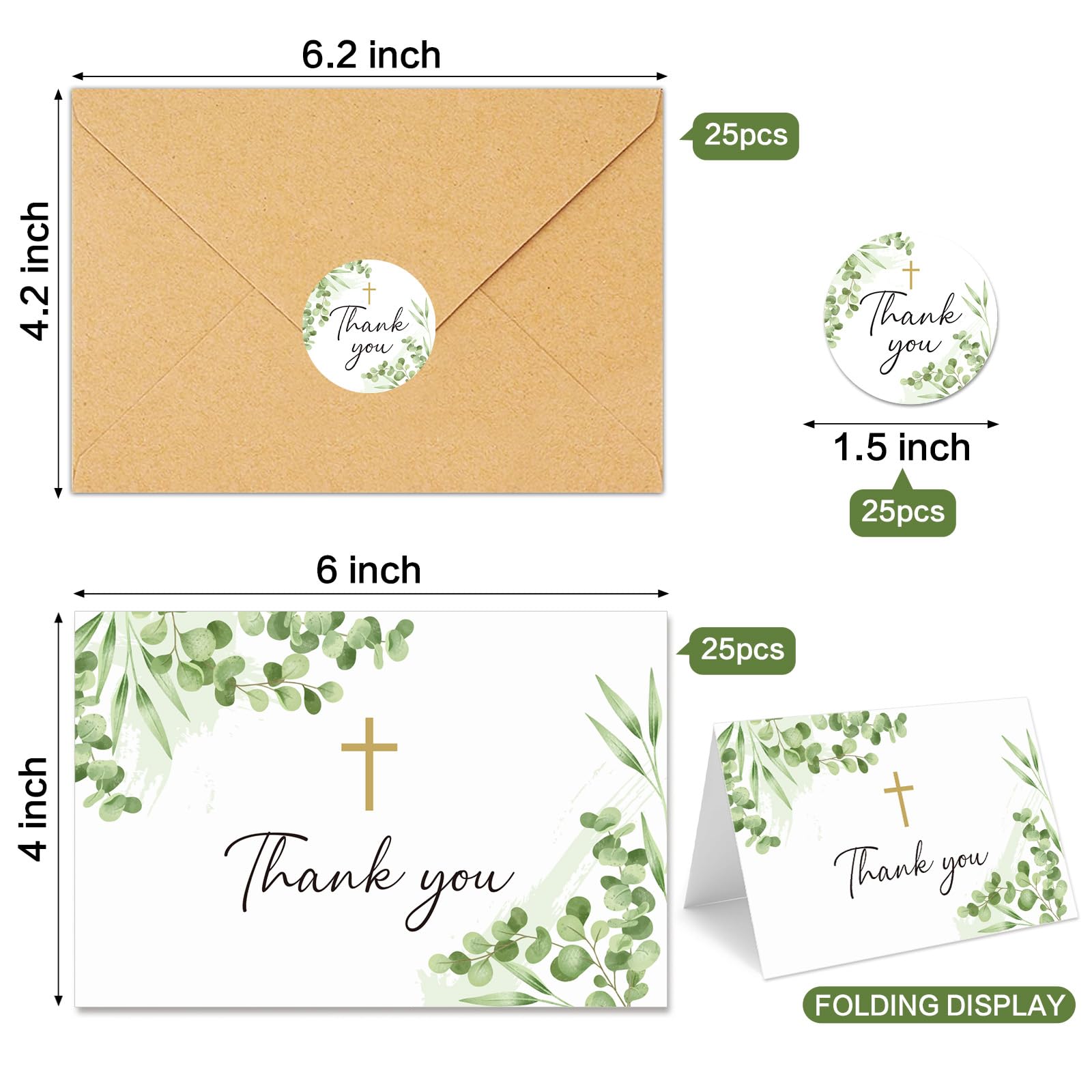 BYBOUS 25 Pack Thank You Cards with Envelope & Stickers, 4 * 6in Watercolor Greenery Cross Blank Inside Thank You Card for Bulk Baptism, Wedding, Bridal Shower, Baby Shower, Communion, Funeral