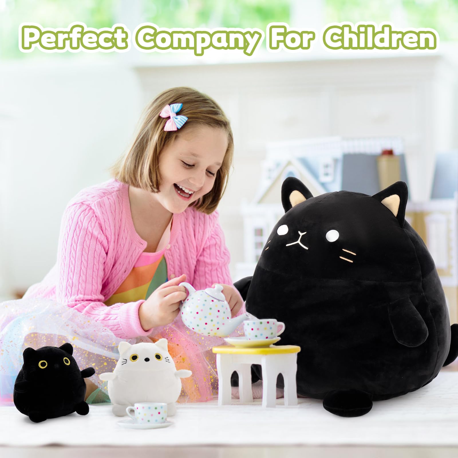 BENINY Cat Plush Toy 4Pcs - 18'' Giant Black Cat Mommy with 3 Cute Baby Kittens - Kawaii Fat Cats Stuffed Animal - Squishy Cat Plushies Pillow Gift for Boys and Girls