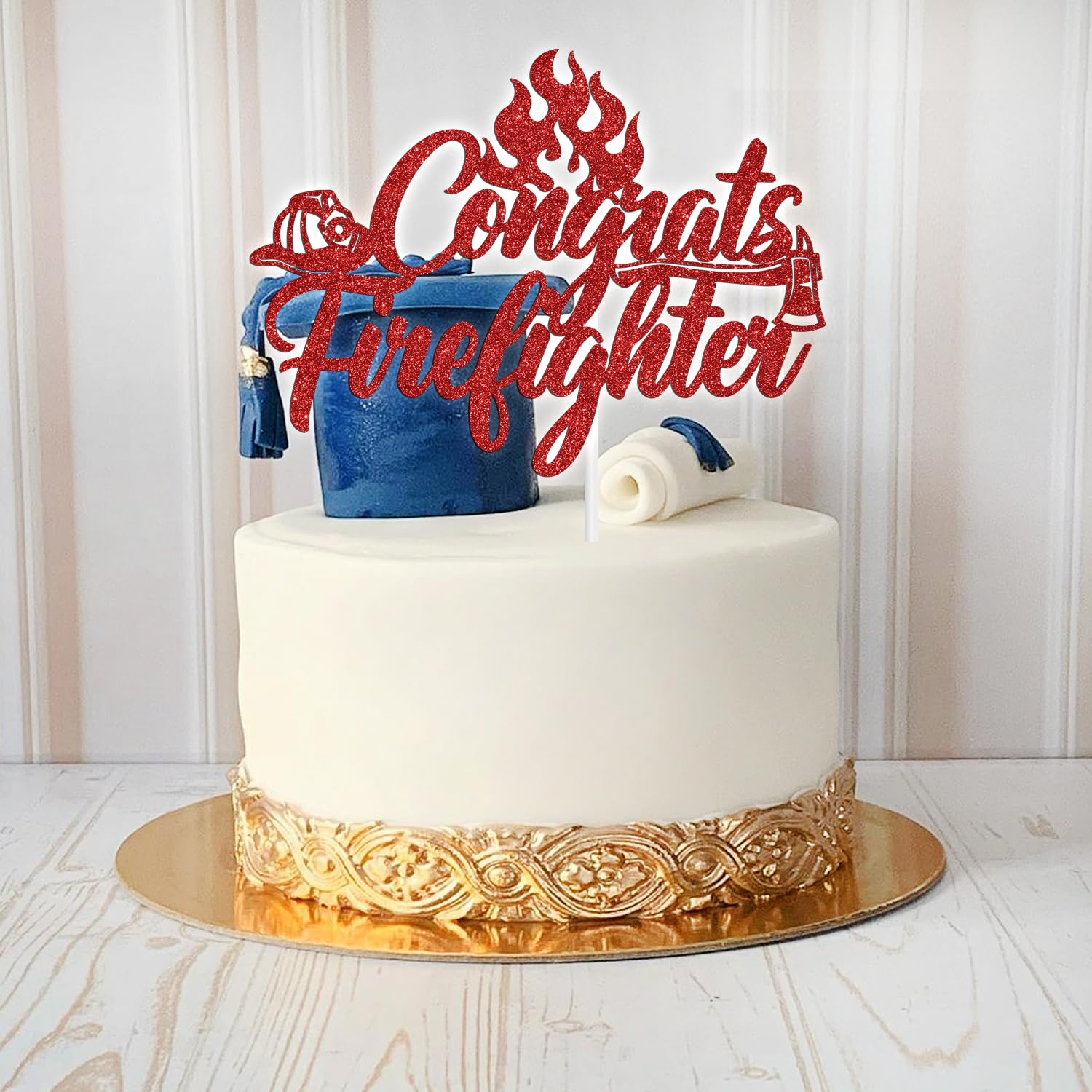 Congrats Firefighter Cake Topper, Congrats Firefighter Cake Topper, Congratulations Future Fireman, Fire Academy Graduation Party Decoration Supplies, Red Glitter