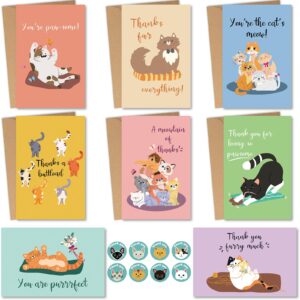 24 funny cats thank you cards with envelopes & stickers, assorted cats pun appreciation cards for kids business employee, cute cat bulk note cards stationery box set