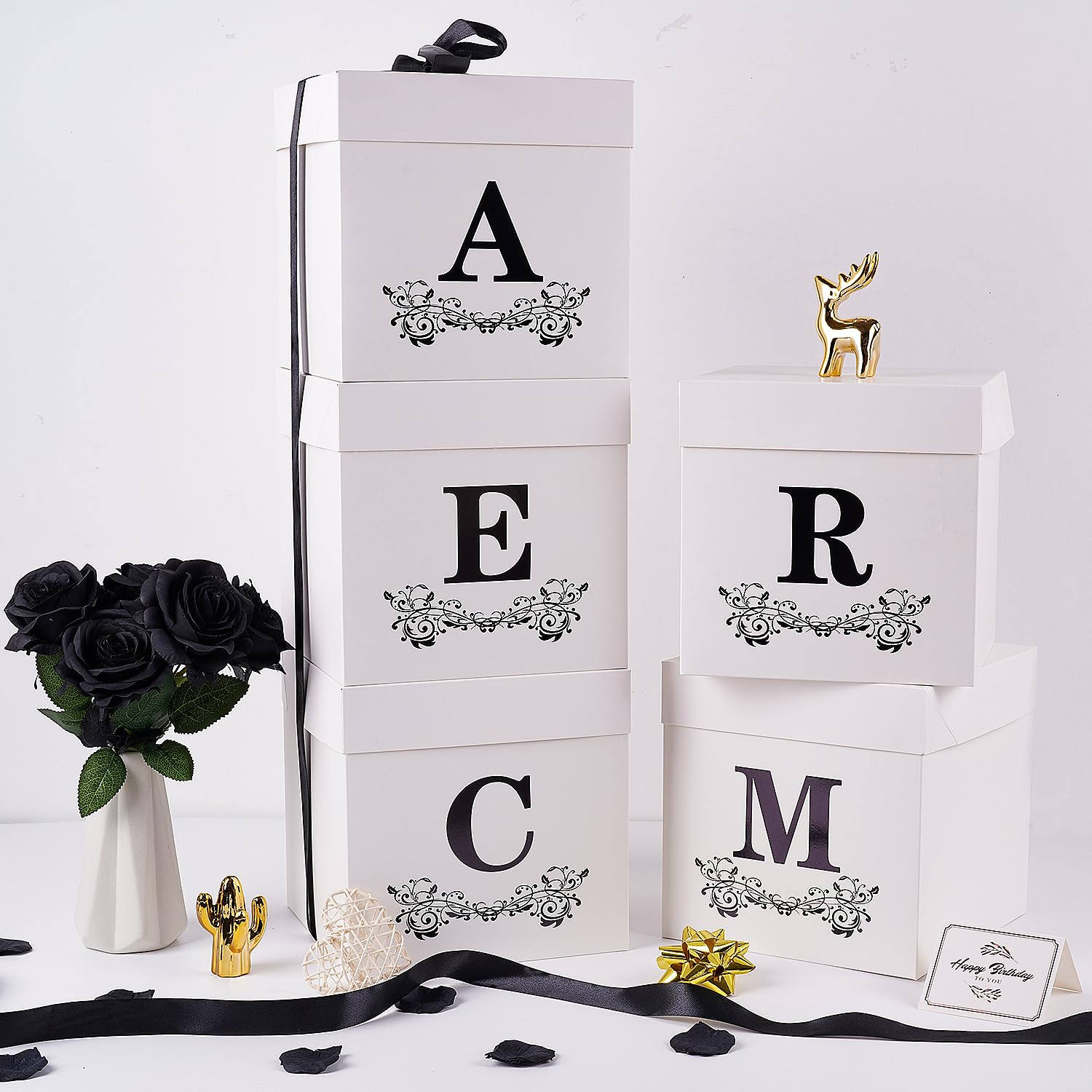 Jaywayang Letter Gift Box with Lid, Ribbon and Warpping Tissue, 8.7" White and Black Gift Box for Men Women Birthday, Baby Shower, Anniversary, Wedding Party Favor Christmas Decorative (Medium Letter J)