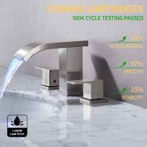 Skybathjoy LED Light Waterfall Bathroom Faucet 3 Hole, Brushed Nickel 8 Inch Widespread Bathroom Faucets & Parts, Modern 3 Piece Bathroom Sink Faucet, Touch On Faucet for Bathroom Vanity