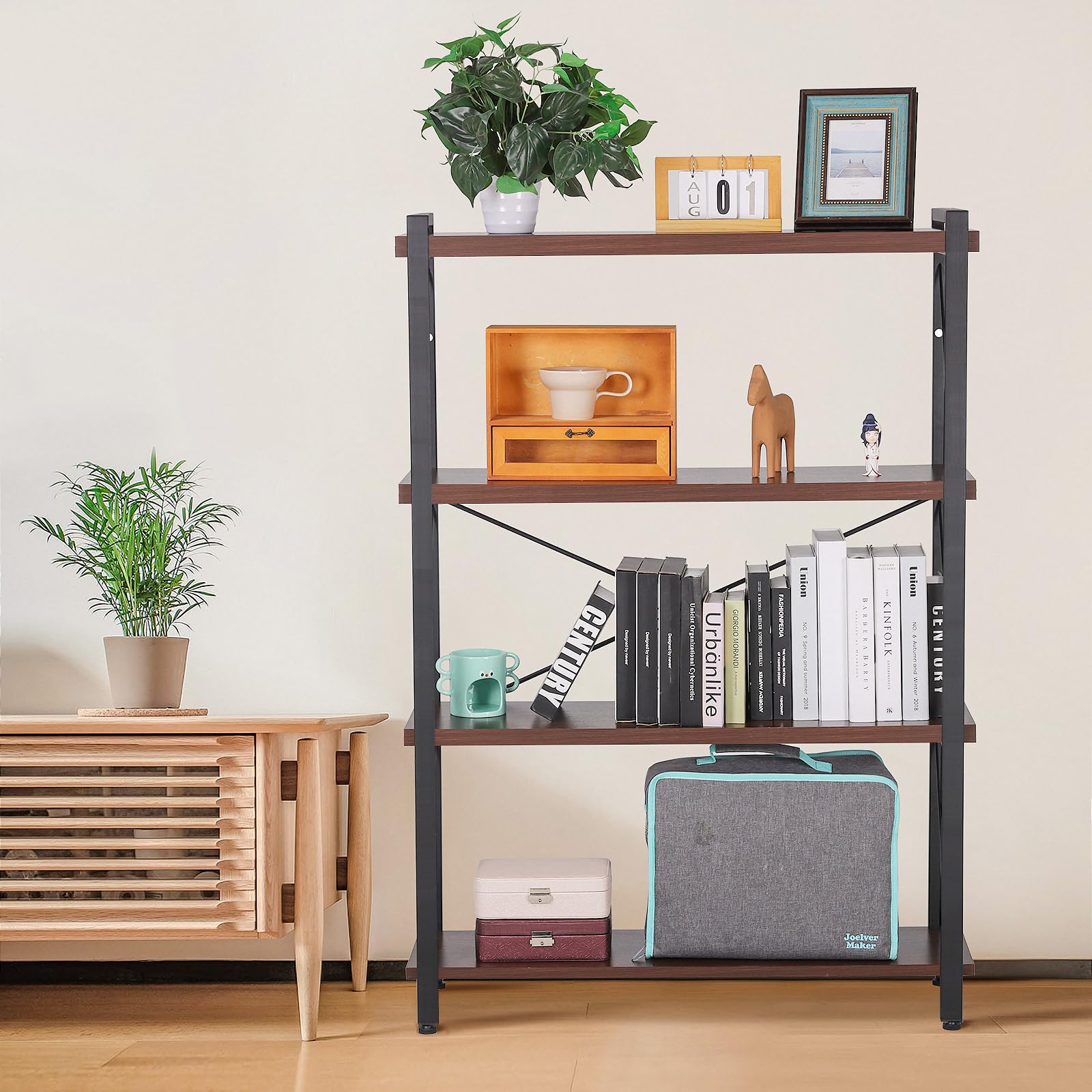 COSYSUPER Bookshelf 4 Tier, Industrial Bookcase, Wood Shelves, Tall Bookshelf, Rustic Standing Bookshelves Metal Frame Display Book Shelf Storage for Living Room,Bedroom,Home Office,Dark Walnut Color