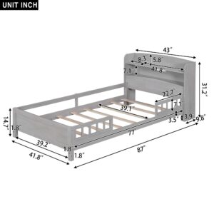 SOFTSEA Twin Size Platform Bed with Storage Headboard and LED Light, Wood Bed Frame with Fence Guardrails for Kids, Kids Twin Bed Frame, No Box Spring Needed, Gray