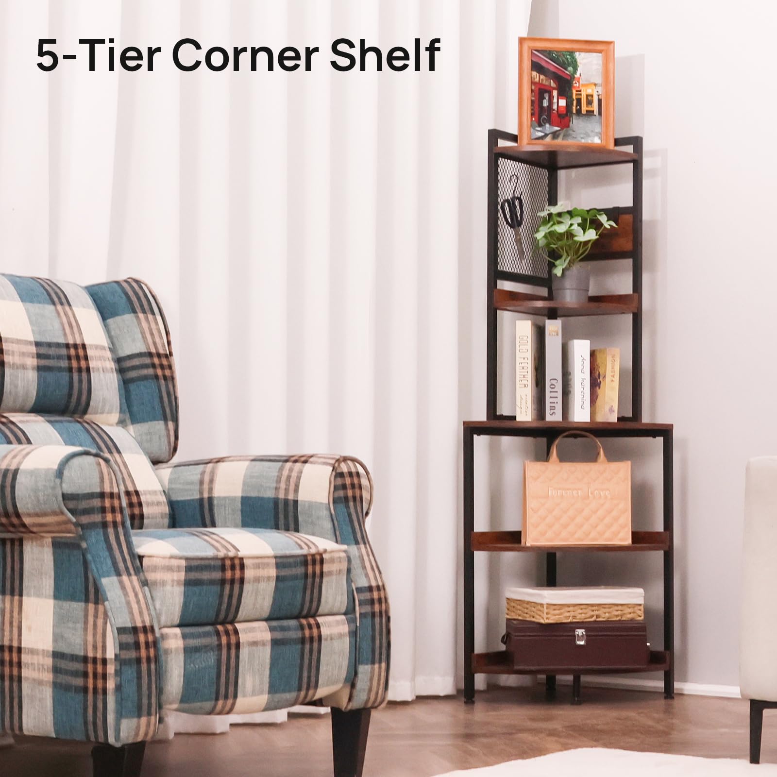 ALBAD 5 Tier Corner Shelf Stand, 59.8 Inch Corner Shelf Stand with Metal Frame, Wood Corner Bookshelf Plant Stand, Ladder Display Shelf for Bathroom, Living Room, Kitchen