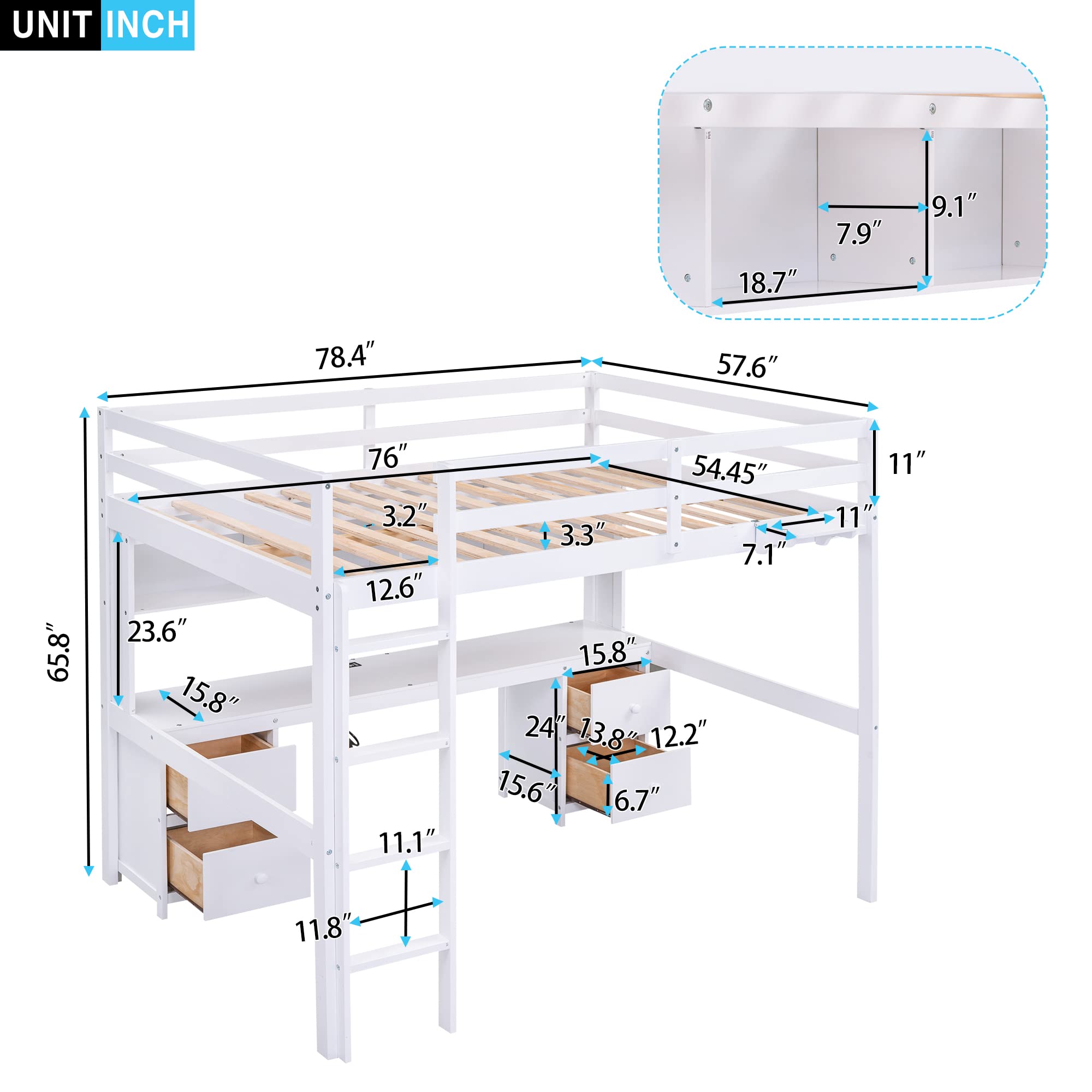 Jintop Full Size Loft Bed with Desk and Cabinets,Multifunctional Storage Solid Wood Bed Frame w/Drawers,Bedside Tray,Charging Station,Integrated Ladder,for Bedroom,Apartment,White