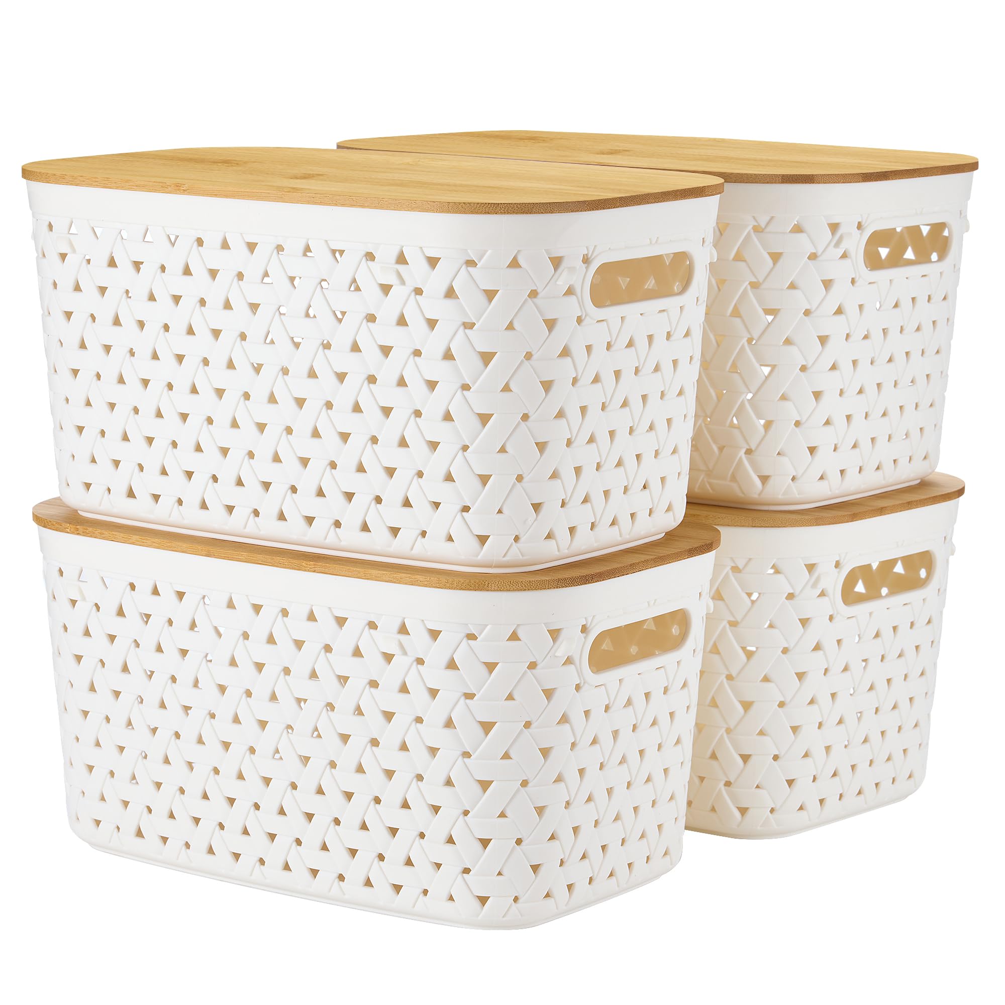 Plastic Storage Bins with Bamboo Lids Set of 4 - Pantry Organization and Storage Containers Storage Baskets - Stackable Storage Bins for Shelves Drawers Desktop Closet Playroom Classroom Office