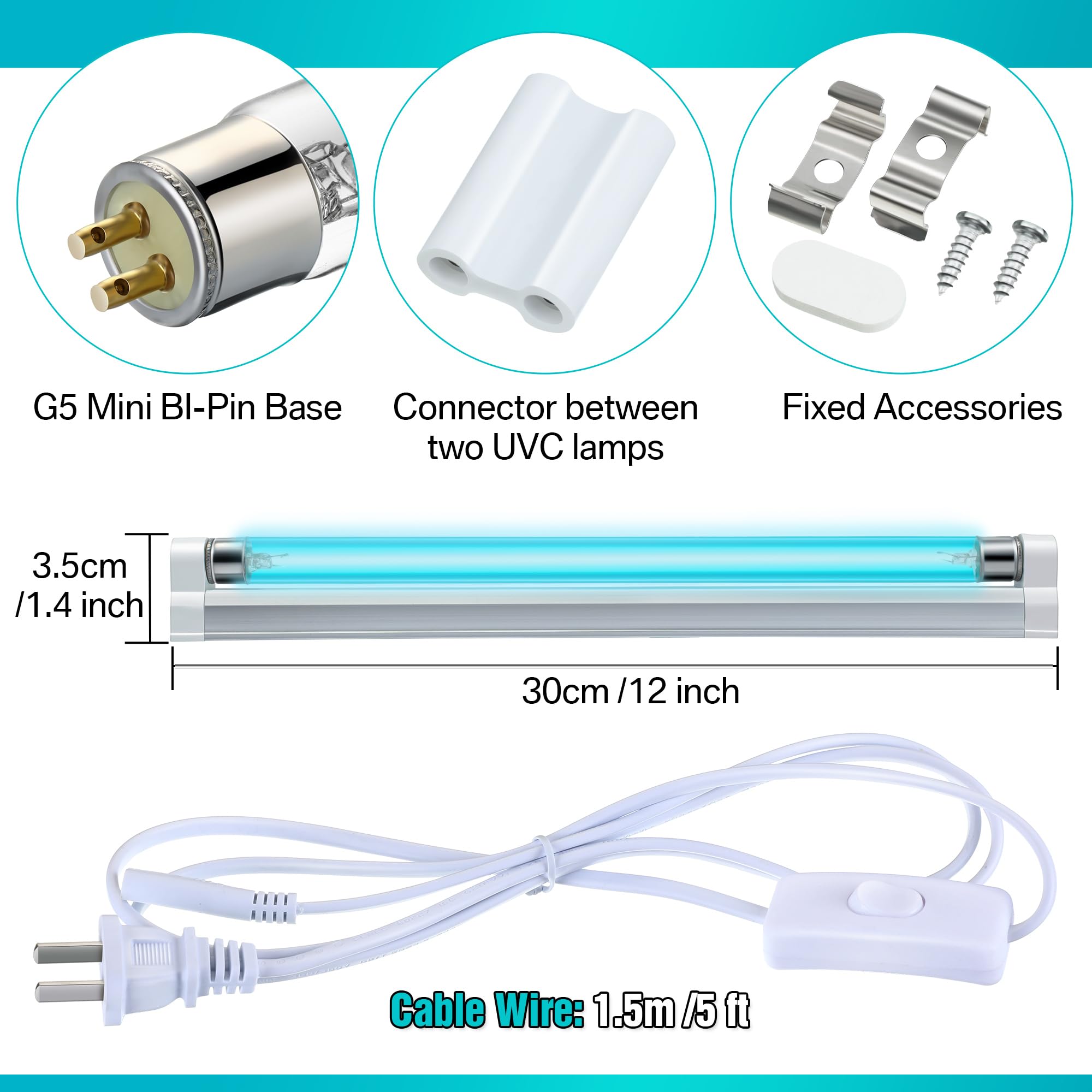 Qualirey UV Light with Ozone, Double Germicidal, 110V UVC Germicidal Lamp with ON/Off Switch Cord and Plug, 254nm Wavelength UVC Light with Connector and Screw Tools for Closet Shoe Cabinet(8 W)