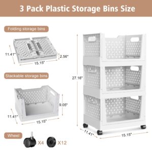 Stackable Storage Bins, Folding Collapsible Closet Organizers and Storage Bins Box, Plastic Shelves Drawer Organizer Container for Closet Office Bedroom Kitchen Bathroom with Wheels, White, 3 Pack