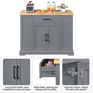 Yaheetech Rolling Kitchen Island with Thicker Rubberwood Countertop, Kitchen Cart on Hidden Wheels with 3 Drawers & Open Shelves, Storage Cabinet w/Inner Adjustable Shelves for Dining Room, Dark Gray