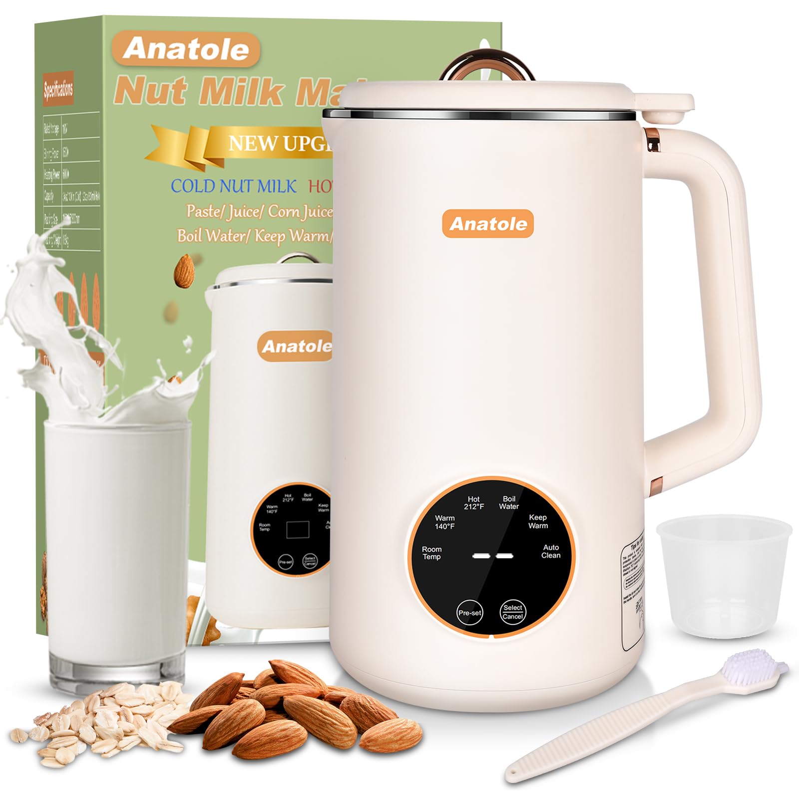 Anatole Nut Milk Maker 34oz 1000ml Cold Warm Hot Almond Milk Machine Soy Oat Cow Plant-Based Milk Blender Homemade Dairy-Free Juice Paste with 10 Stainless Steel Blades 12 Hours Timer Recipes