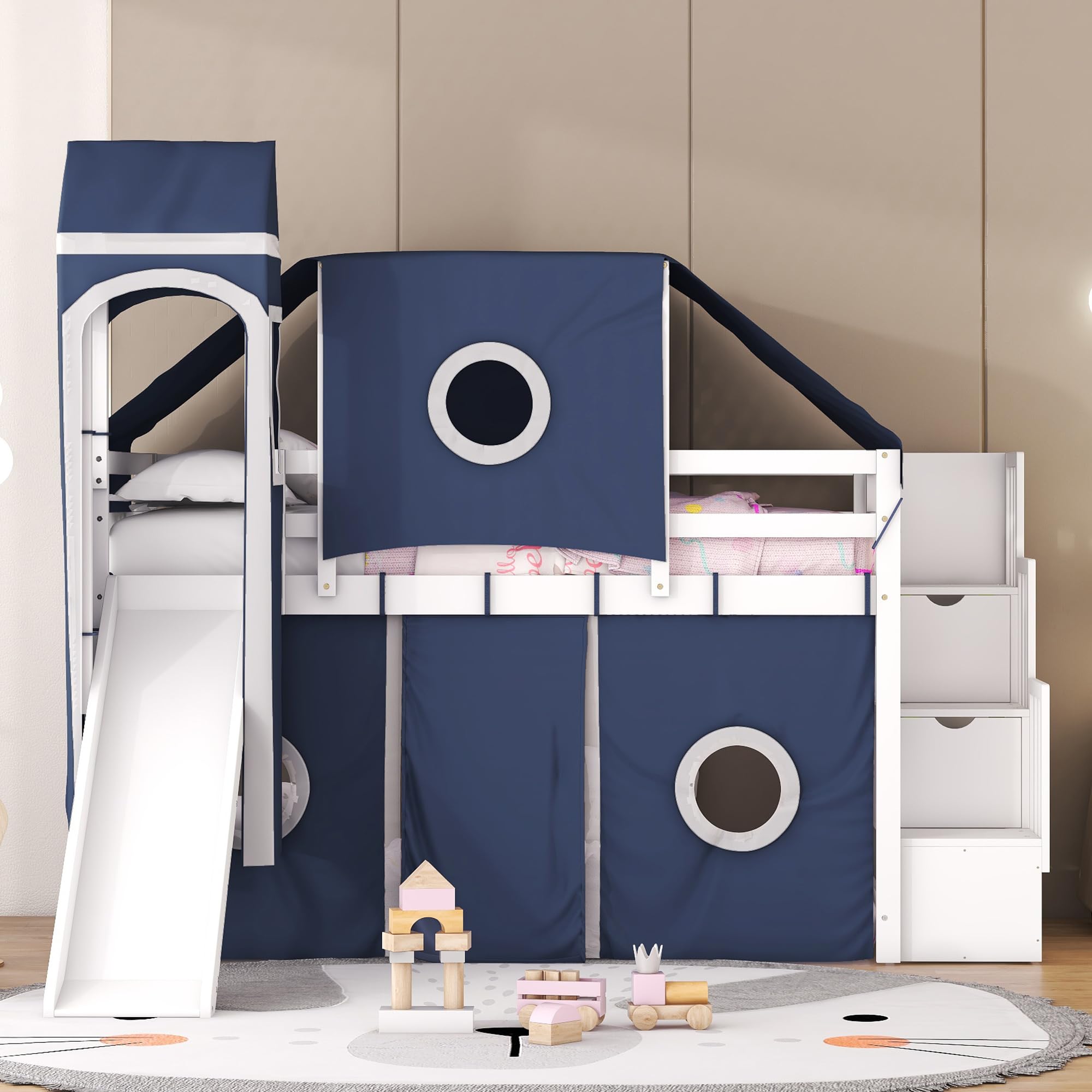 Harper & Bright Designs House Loft Bed with Slide and Storage Stairs, Wood Kids Loft Bed with Tent and Tower, Playhouse Loft Bed Frame for Kids, Teens (Twin Size, Blue)