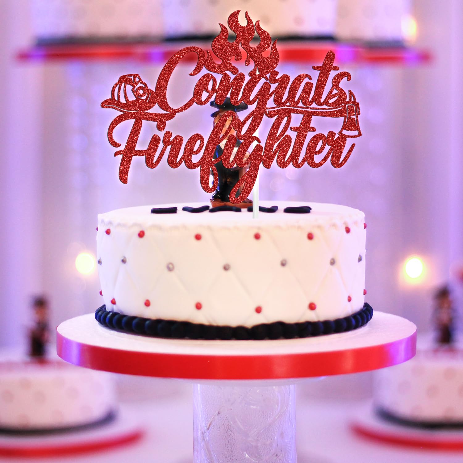 Congrats Firefighter Cake Topper, Congrats Firefighter Cake Topper, Congratulations Future Fireman, Fire Academy Graduation Party Decoration Supplies, Red Glitter