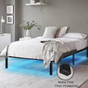 HAAGEEP Metal Queen Bed Frame with Led Lights Queen-Size Platform Bedframe No Box Spring Needed Mattress Frames 14 Inch High