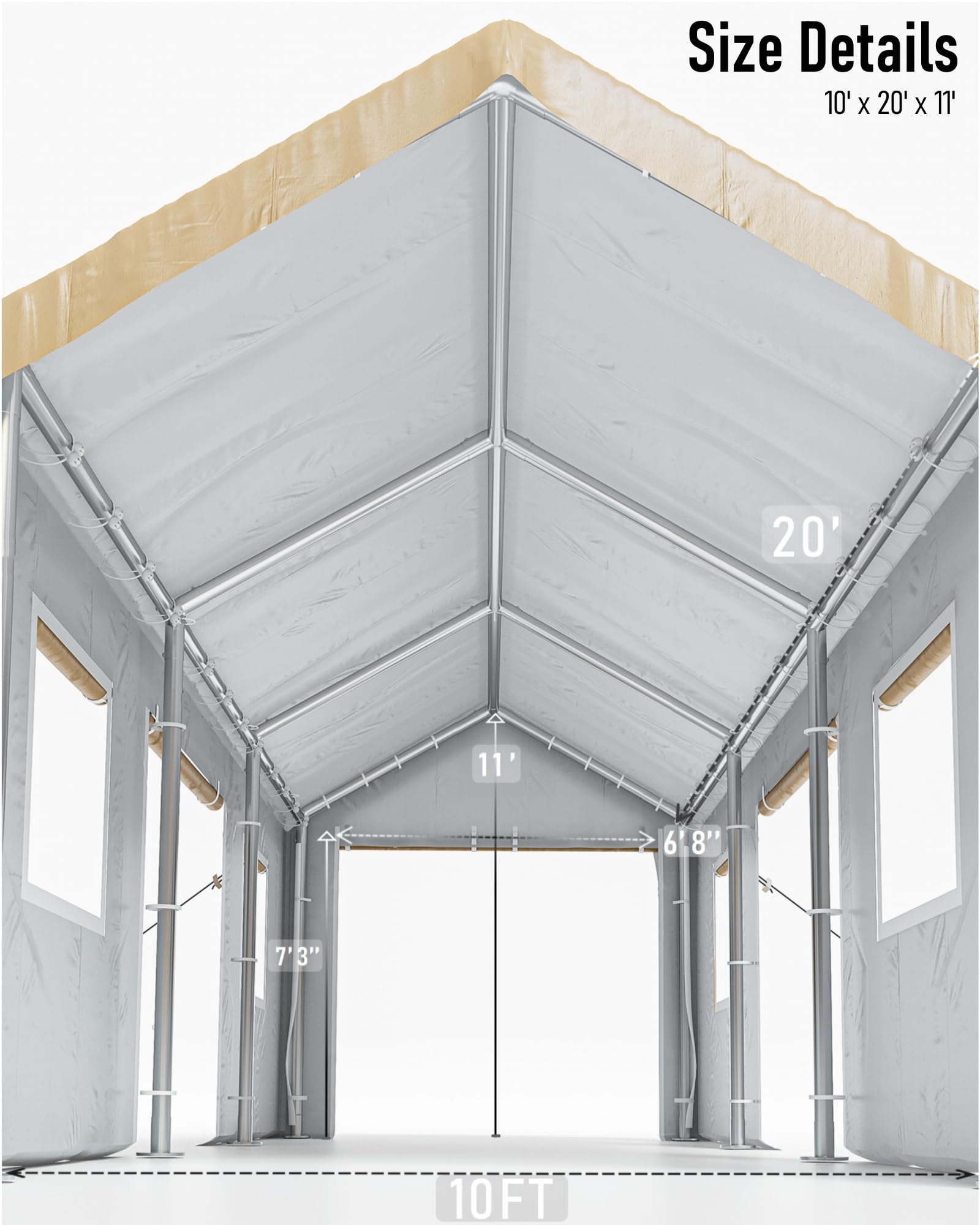 DEXSO Carport 10'x20' Heavy Duty Canopy, 1.0 mm Steel Poles & 14 mil PE Tarp, with Front & Rear Doors, 2 Side Doors, and 4 Windows Screen, Portable Garage for Pickup Truck, and Boat, Khaki