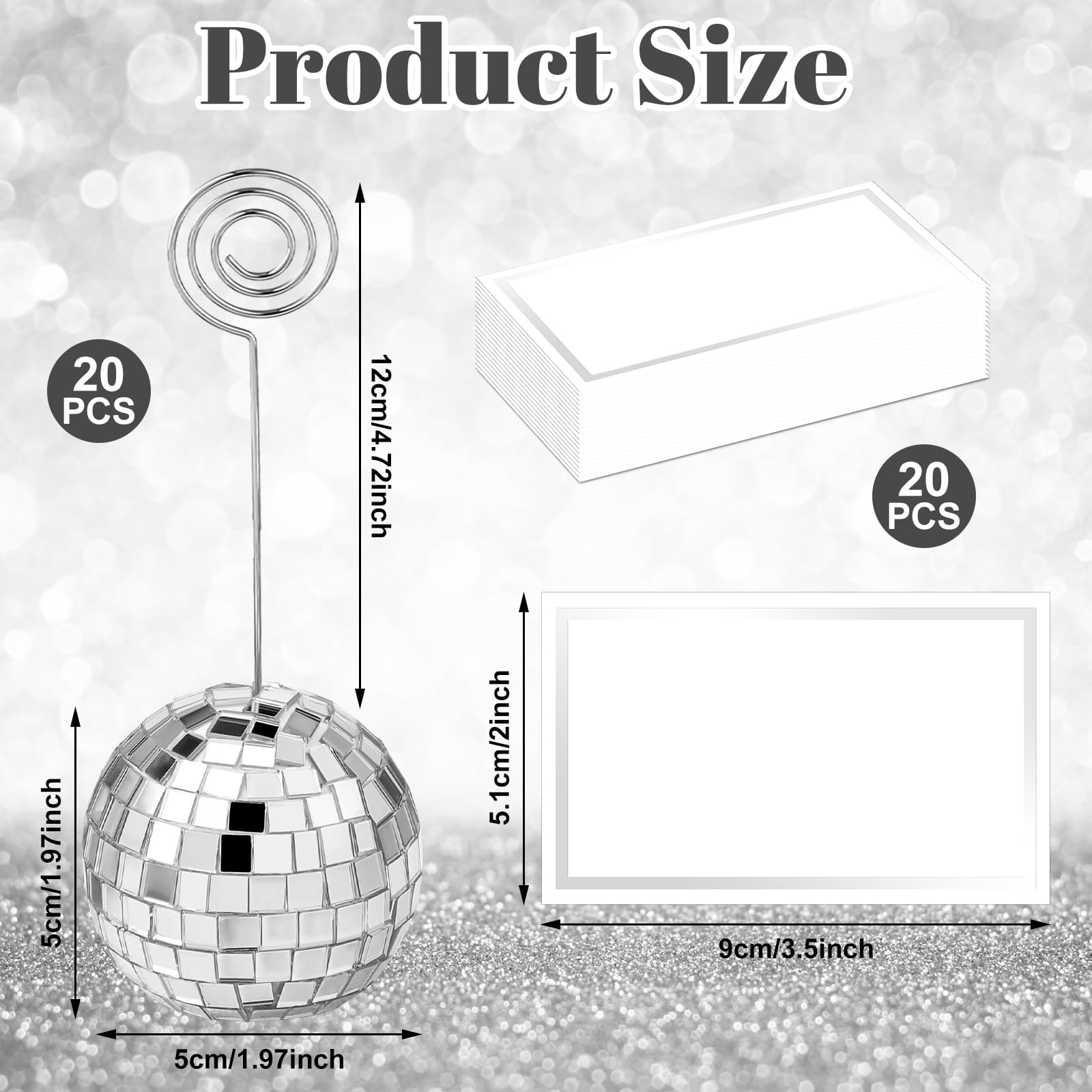 Uiifan 20 Set Picture Holders Disco Ball Table Name Card Holder Disco Ball Table Number Stands Photo Holder with Swirl Wire and Place Cards for Display Menu Wedding Party Birthday (Silver,2 Inch)