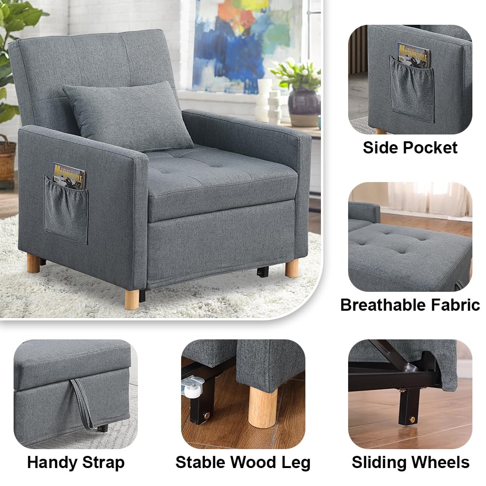 DULATIS Sleeper Chair,Convertible Sleeper Sofa Chair,Pull Out Sleeper Chair with Adjustable Backrest,Multi-Functiona Lounge Chair for Living Room(Gray)