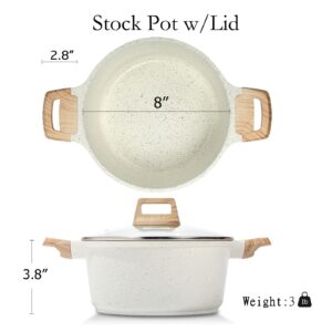 ESLITE LIFE Nonstick Stock Pot with Lid, 3 Quart Granite Casserole Small Soup Pot Pasta Cooking Pot, Induction Compatible, PTFE & PFOA Free, White