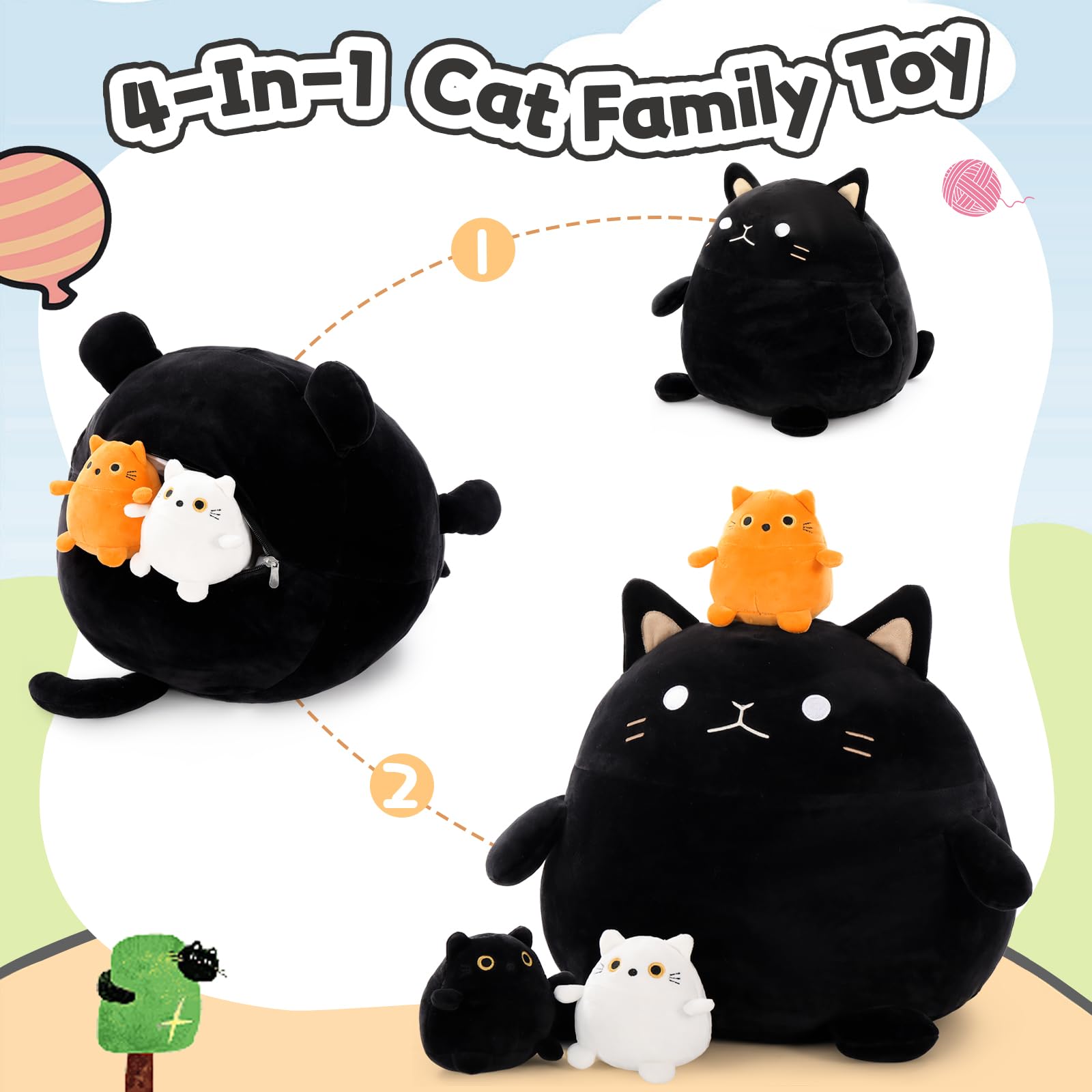 BENINY Cat Plush Toy 4Pcs - 18'' Giant Black Cat Mommy with 3 Cute Baby Kittens - Kawaii Fat Cats Stuffed Animal - Squishy Cat Plushies Pillow Gift for Boys and Girls