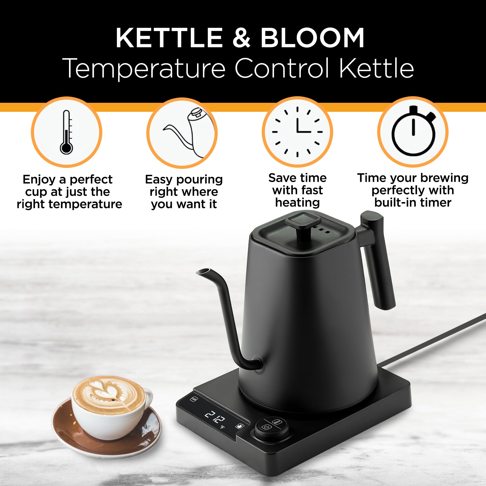 KETTLE & BLOOM Electric Gooseneck Kettle - 1 Liter, Black - Temperature Control Coffee & Tea Kettle - Perfect Pour Over, Gooseneck Electric Kettle for Precise Brewing