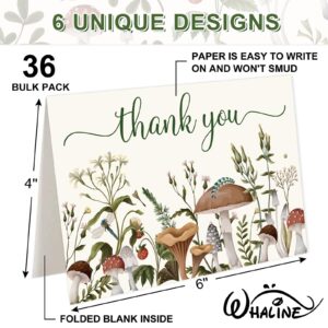 Whaline 36 Pack Vintage Mushroom Thank You Cards 6 Designs Plants Greeting Cards with Envelopes Stickers Retro Blank Note Cards for Party Invitation Supplies, 4 x 6 Inch