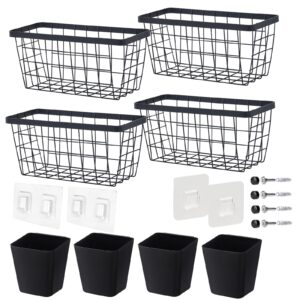 LIGHT DUST Wall Hanging Baskets - 8 Set Black Baskets & Cups Wire Basket Metal Wall Organizer Bins for Kitchen Pantry Cabinet Bathroom Shower Door RV [Included Adhesive Hooks & Wall Mounted Screws]