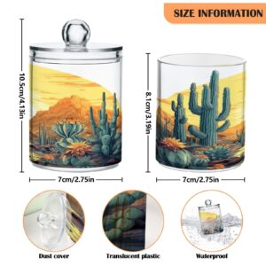 Msyxl 2 Pack Cactus Plants Apothecary Jars with Lid, Qtip Holder Storage Containers for Cotton Ball, Swabs, Pads, Clear Plastic Canisters for Bathroom Vanity Organization (10 Oz)