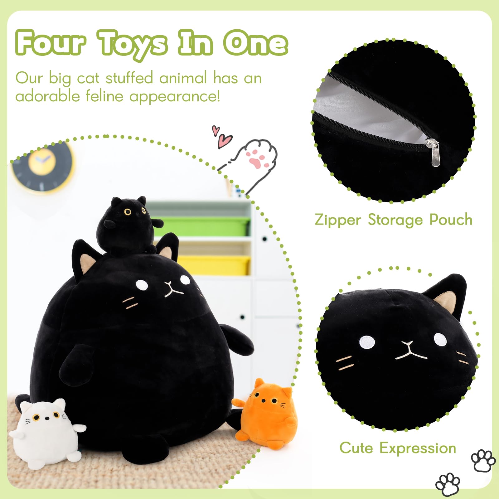 BENINY Cat Plush Toy 4Pcs - 18'' Giant Black Cat Mommy with 3 Cute Baby Kittens - Kawaii Fat Cats Stuffed Animal - Squishy Cat Plushies Pillow Gift for Boys and Girls