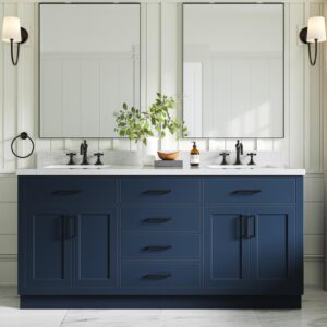 ariel hepburn 72" midnight blue double vanity, 1.5" edge carrara quartz countertop & splash, rectangular sinks, 4 soft closing doors, 6 full extension dovetail drawers, toe kick, matte black